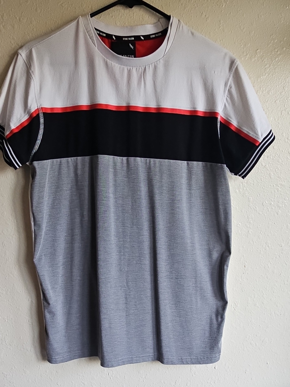 Stone Falcon Men's Colorblock Crew Tee — White, Black, Gray with Red Accent